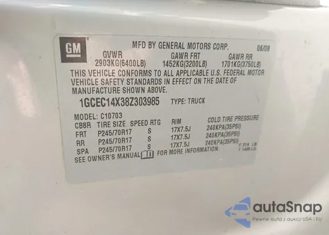 2008 Chevrolet Silverado 1500 Work Truck z USA, uszkodzony, nr VIN 1GCEC14X38Z303985